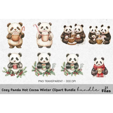 Cute Panda Winter Hot Chocolate Clipart Bundle