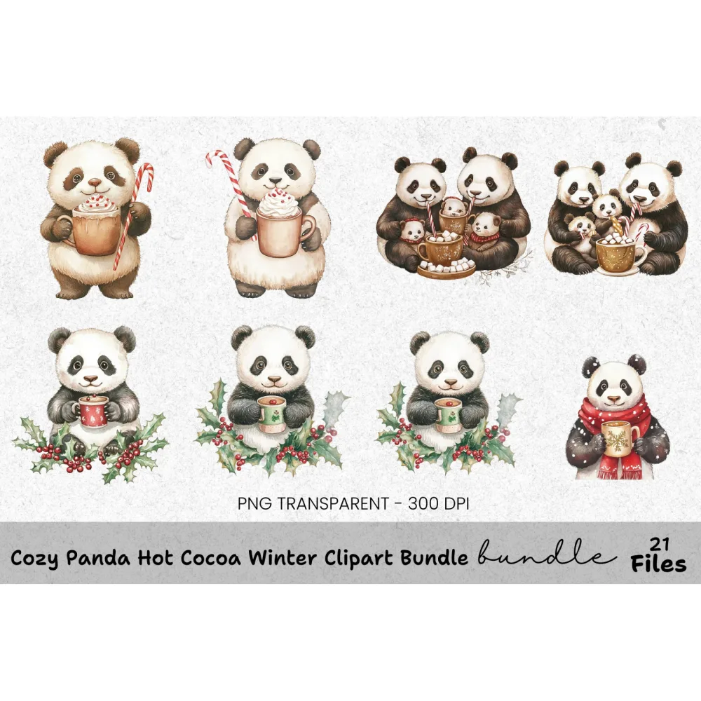 Cute Panda Winter Hot Chocolate Clipart Bundle