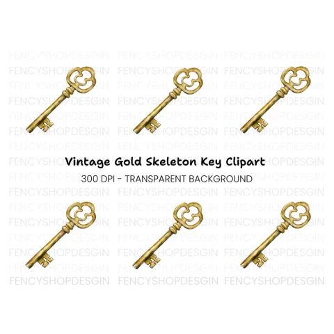 Vintage Golden Skeleton Key Clipart Bundle