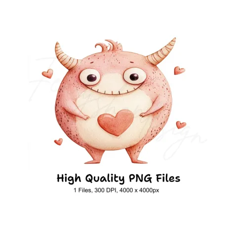 Cute Pink Monster with Heart Clipart Bundle