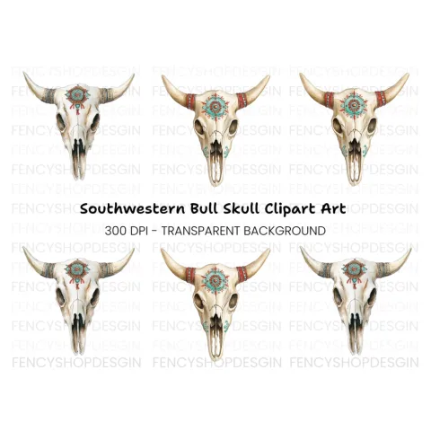 Boho Bull Skull Clipart Bundle