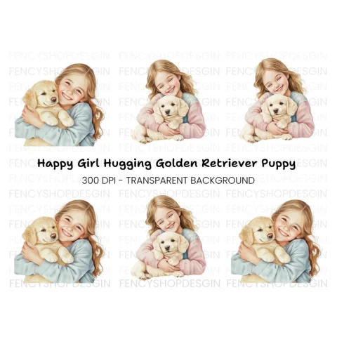 Happy Girl with Puppy Clipart Bundle