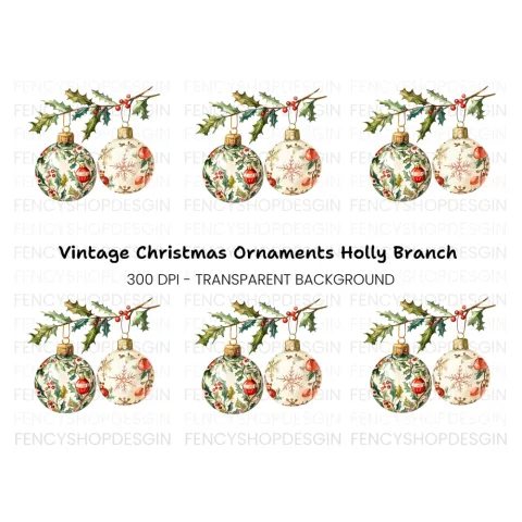 Holly Branch Christmas Ornaments Clipart Bundle