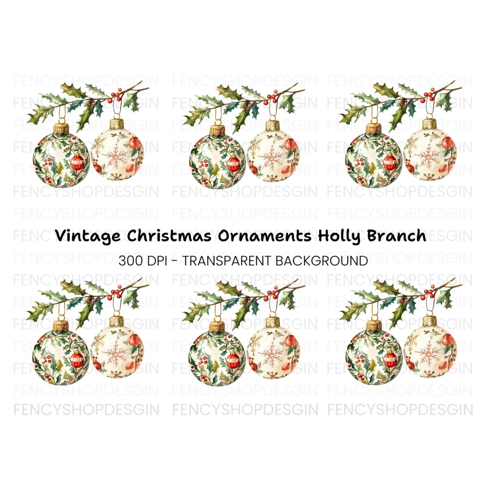 Holly Branch Christmas Ornaments Clipart Bundle