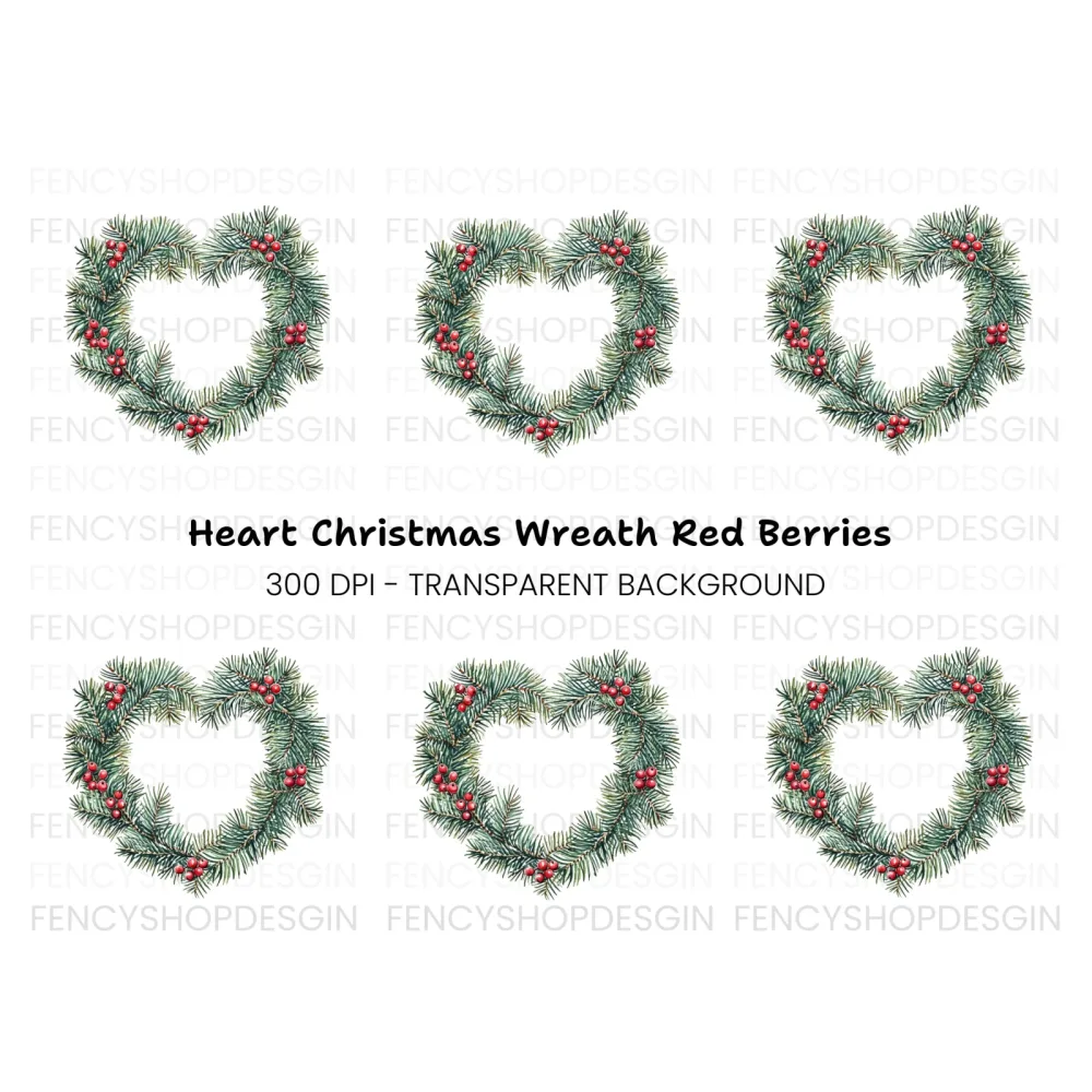 Heart Shaped Pine Wreath with Berries Clipart Bundle