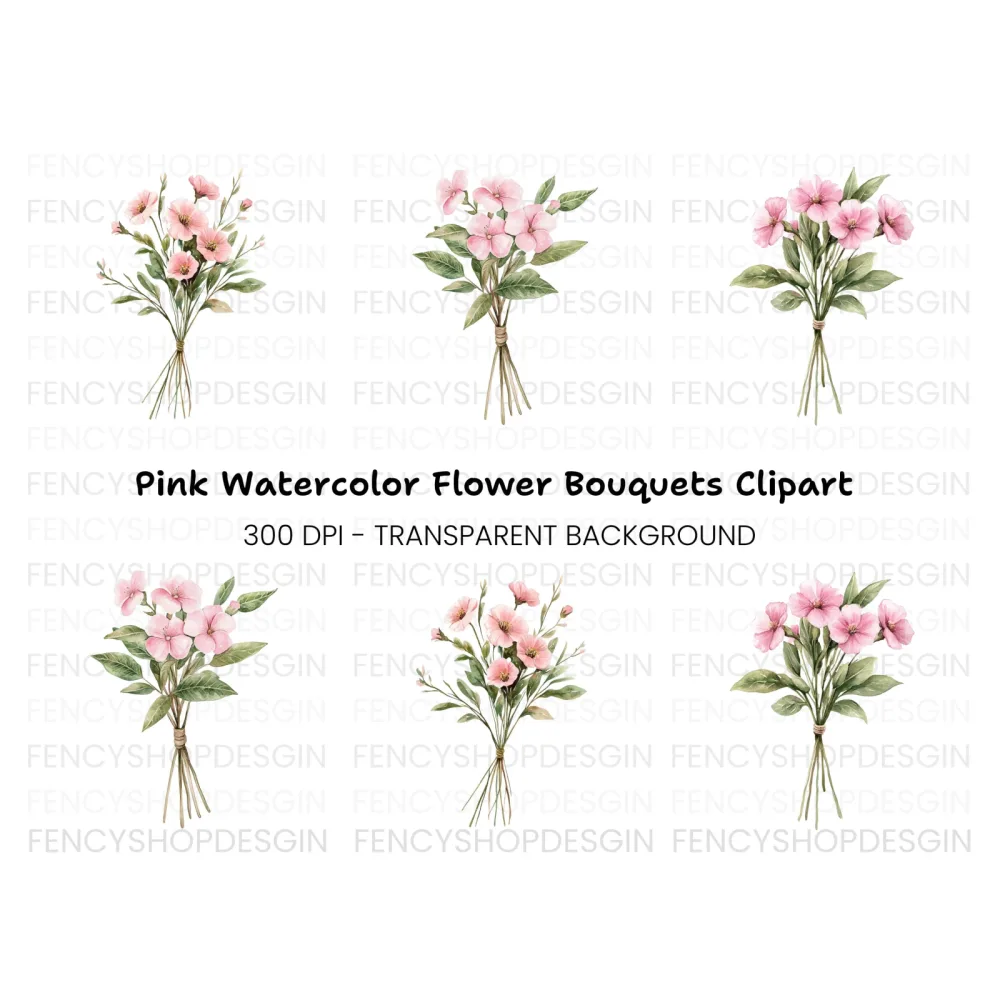 Pink Floral Bouquet Clipart Bundle