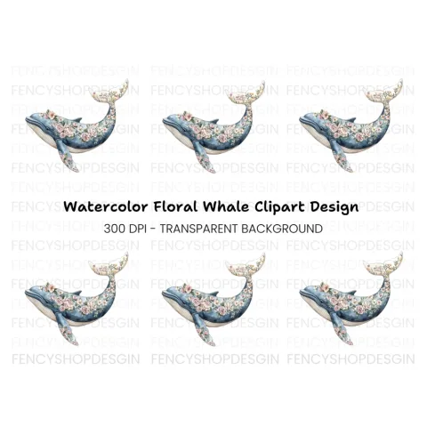 Floral Whale Clipart Bundle