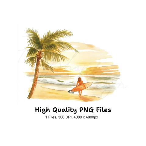 Tropical Beach Sunset Surfer Girl Clipart Bundle