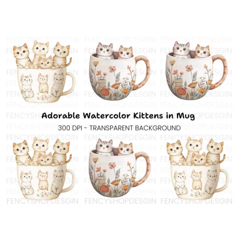 Kittens in Mugs Clipart Bundle