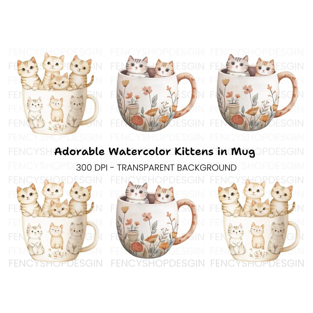 Kittens in Mugs Clipart Bundle