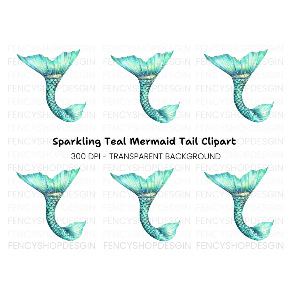 Sparkling Teal Mermaid Tail Clipart Bundle