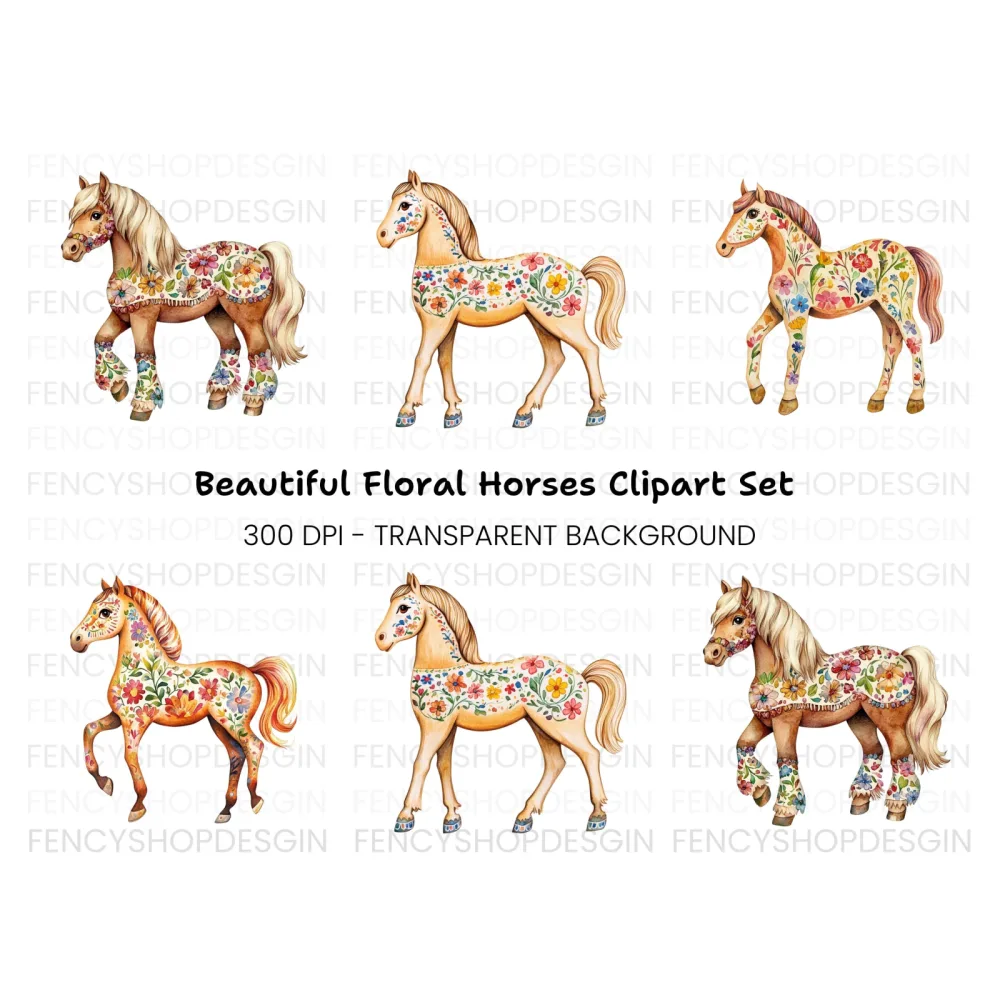 Floral Decorated Horses Clipart Bundle