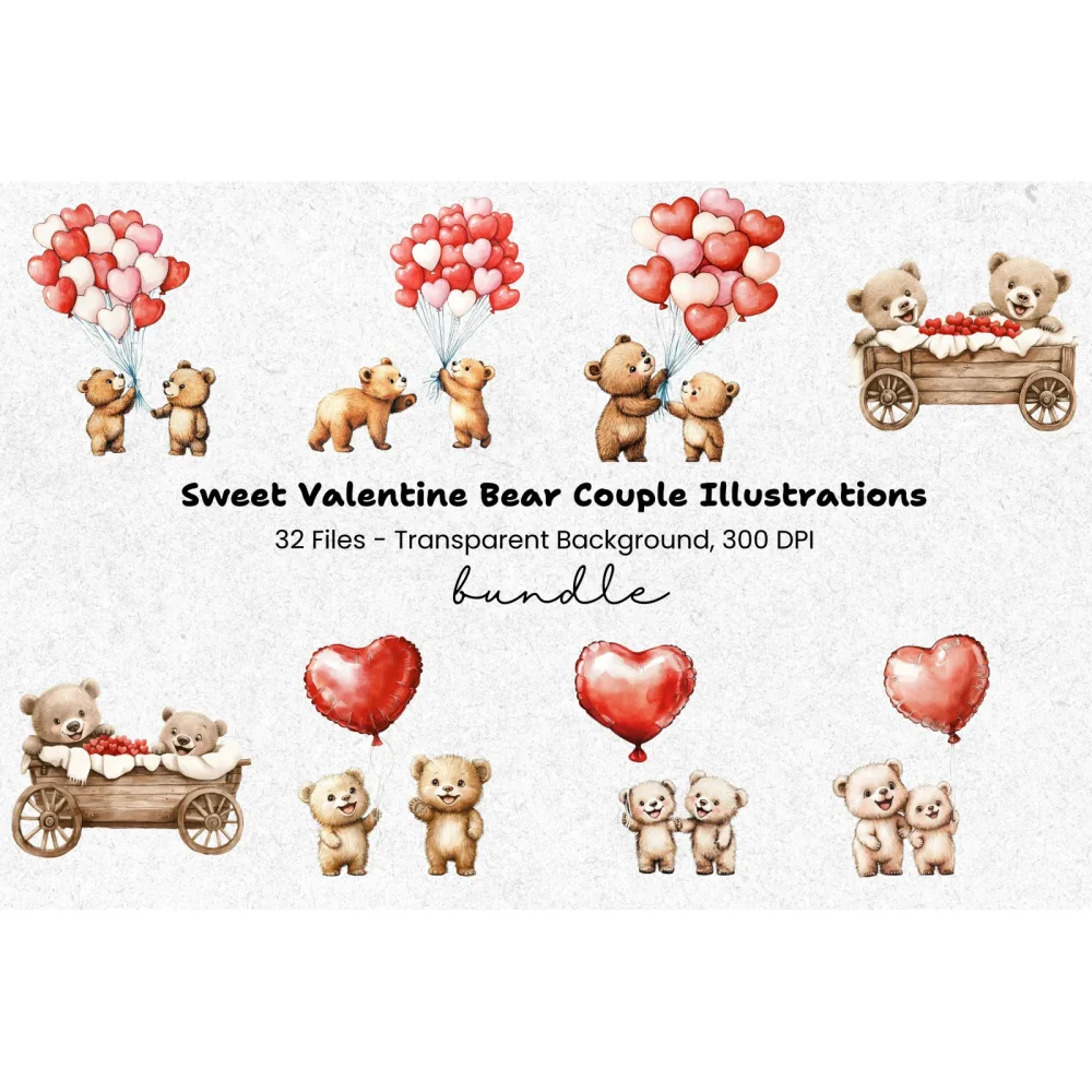 Teddy Bears with Heart Balloons Clipart Bundle