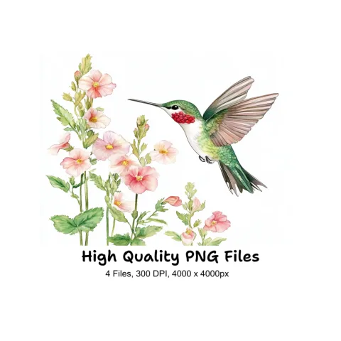 Hummingbird and Pink Flowers Clipart Bundle