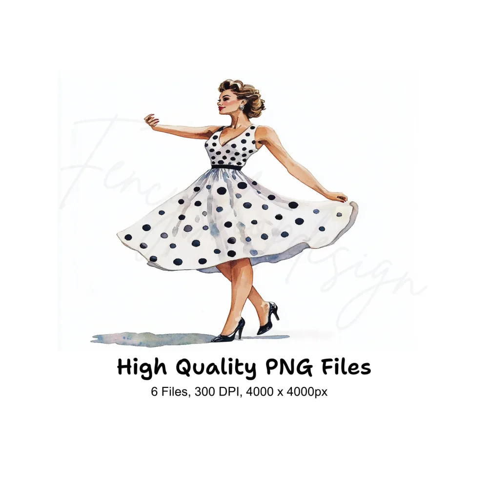 Retro 50s Polka Dot Dress Woman Clipart Bundle