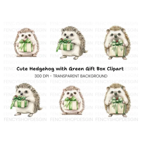 Hedgehogs with Green Gift Boxes Clipart Bundle