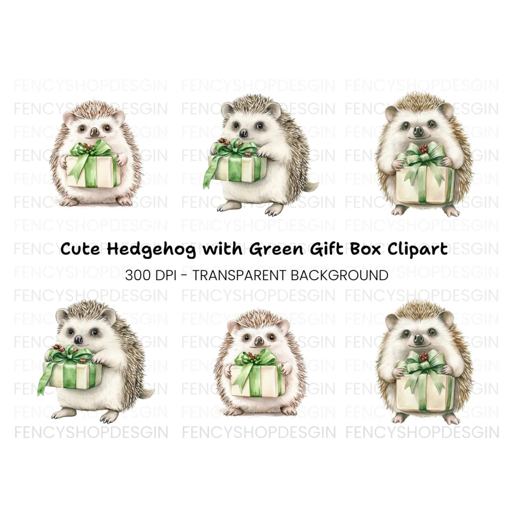 Hedgehogs with Green Gift Boxes Clipart Bundle