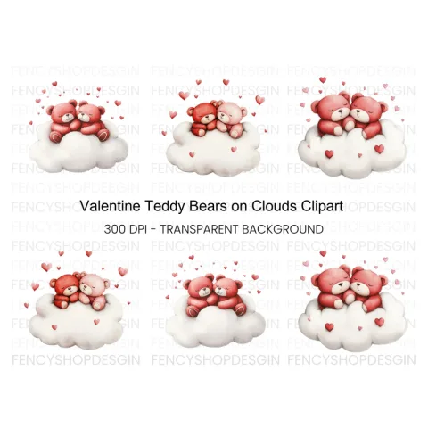 Valentine Teddy Bears on Clouds Clipart Bundle