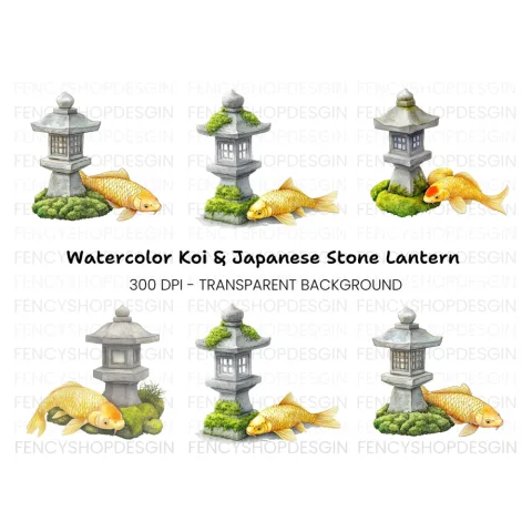 Japanese Garden Koi and Lantern Clipart Bundle