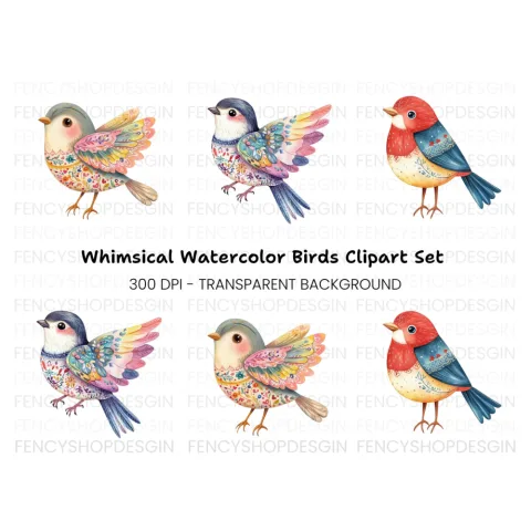 Decorative Folk Birds Clipart Bundle