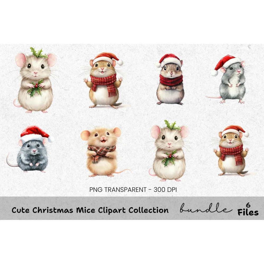 Cute Christmas Mice Clipart Bundle