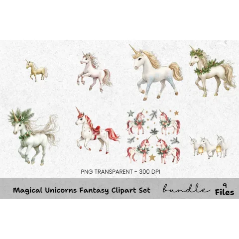 Magical Christmas Unicorns Clipart Bundle
