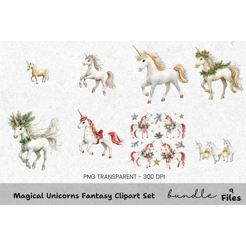 Magical Christmas Unicorns Clipart Bundle