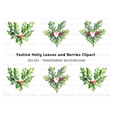 Heart Shaped Holly Berry Clipart Bundle