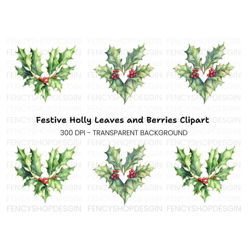 Heart Shaped Holly Berry Clipart Bundle