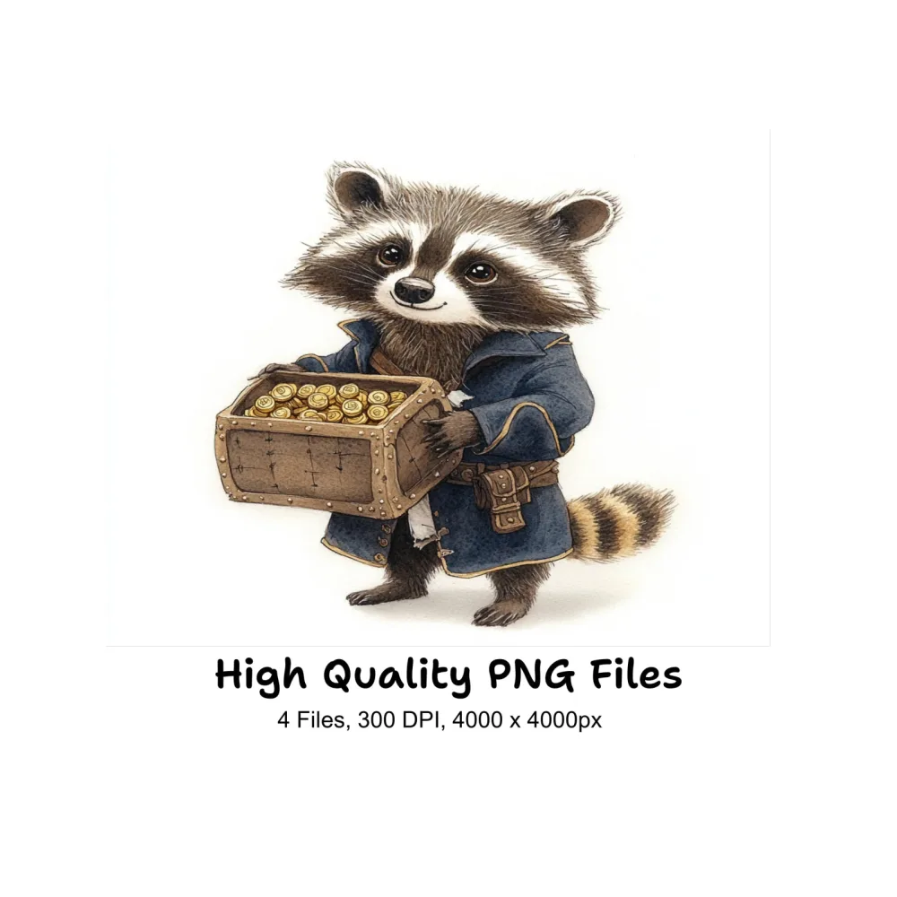 Cute Raccoon Pirate with Treasure Chest Clipart Bundle