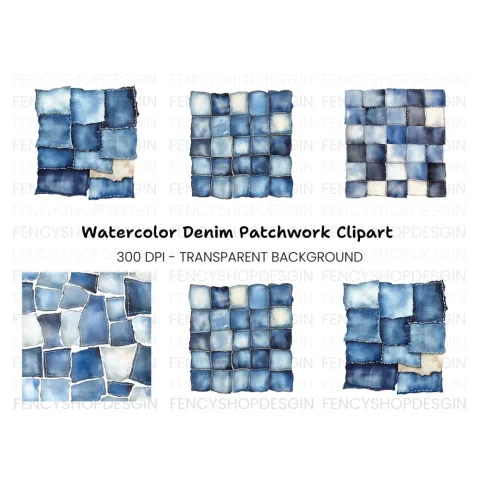 Denim Patchwork Patterns Clipart Bundle