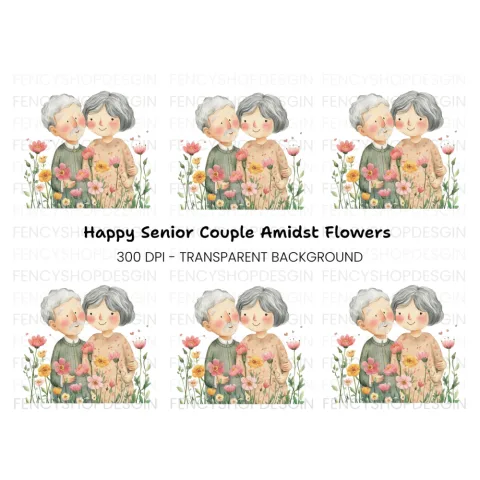 Cute Elderly Couple in Flower Garden Clipart Bundle
