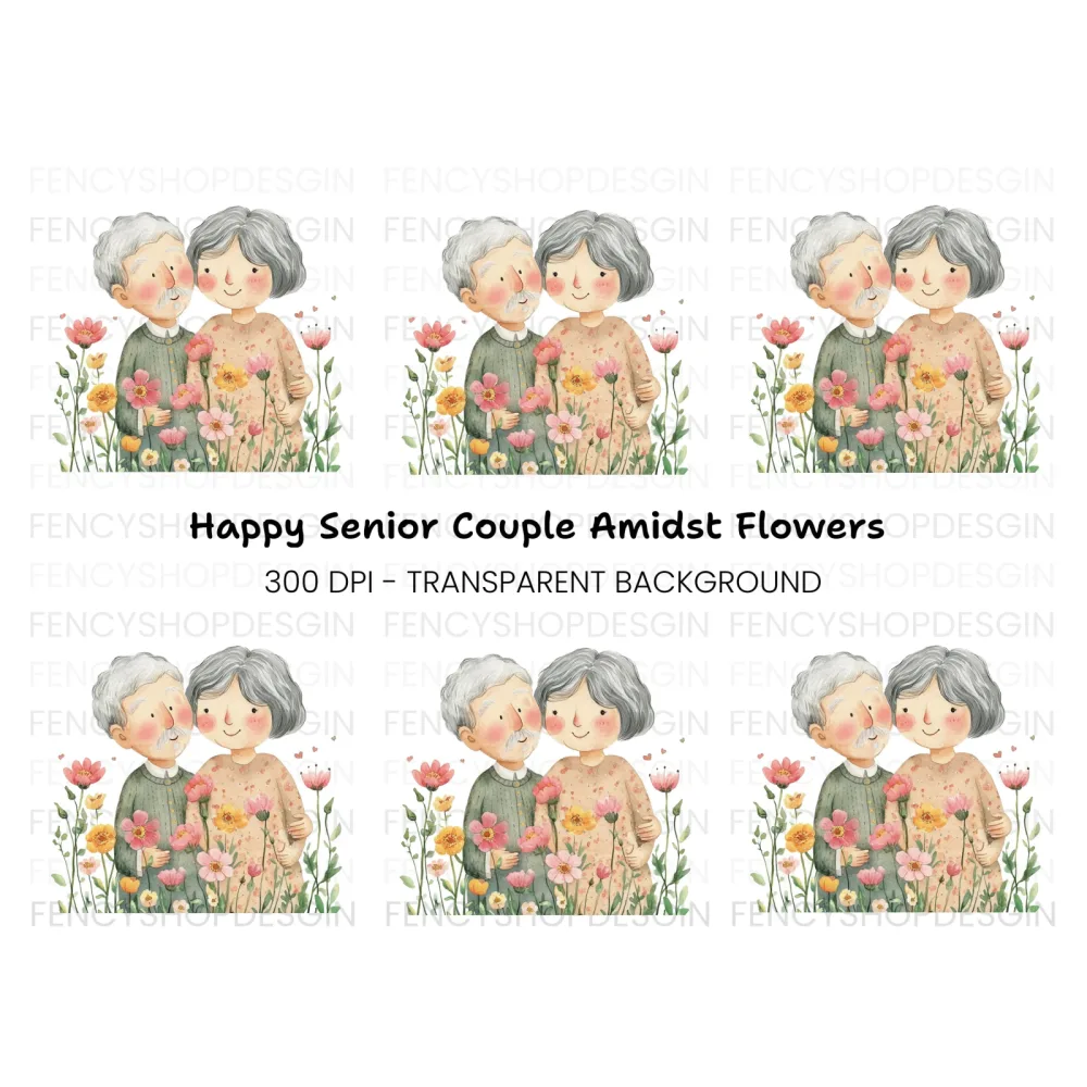 Cute Elderly Couple in Flower Garden Clipart Bundle