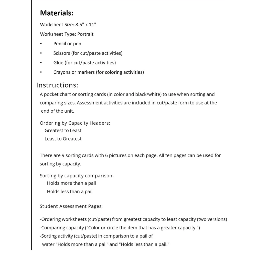 Measurement Capacity Sorting Worksheets