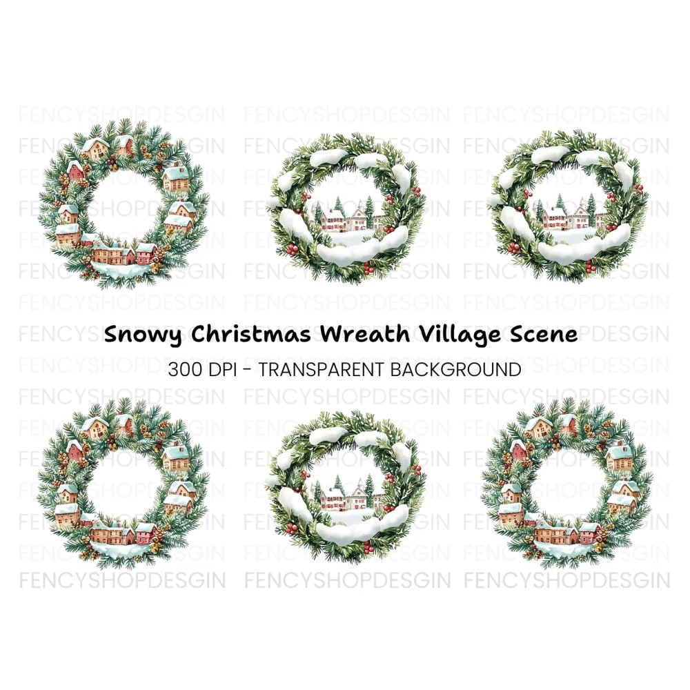 Christmas Village Wreath Clipart Bundle