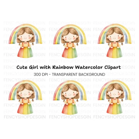 Cute Girl with Rainbow Clipart Bundle