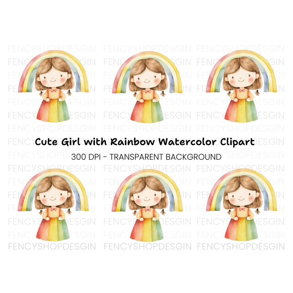 Cute Girl with Rainbow Clipart Bundle