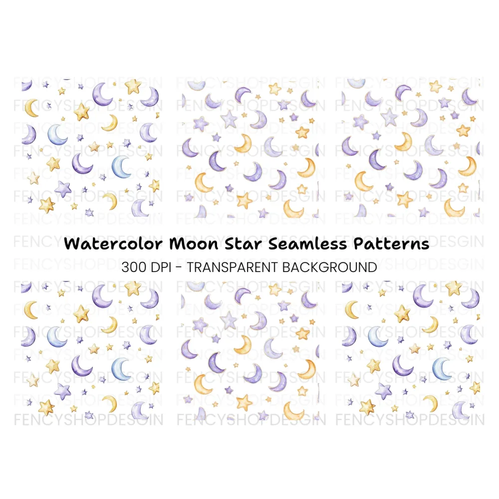 Moon and Stars Seamless Pattern Clipart Bundle