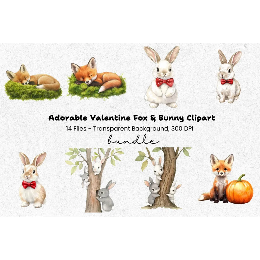 Sleeping Fox and Bunny Clipart Bundle