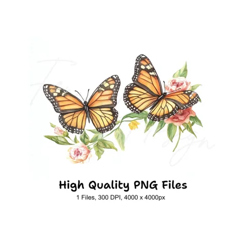 Monarch Butterflies and Pink Flowers Clipart Bundle
