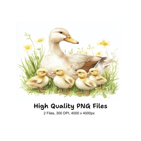 Mother Duck and Ducklings in Grass Clipart Bundle