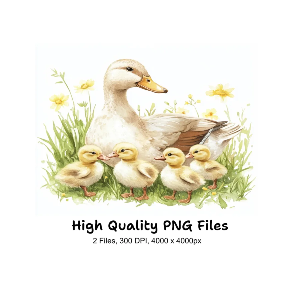Mother Duck and Ducklings in Grass Clipart Bundle