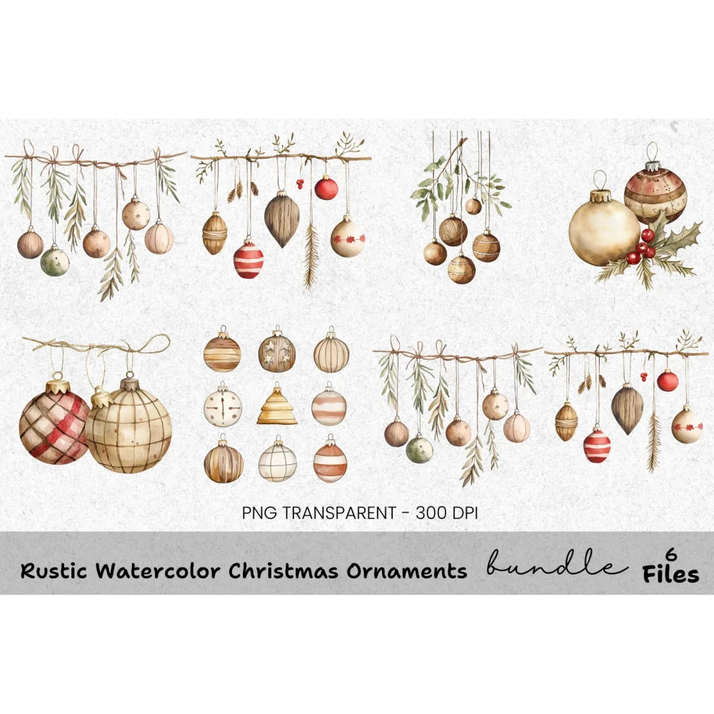 Rustic Christmas Ornaments Clipart Bundle