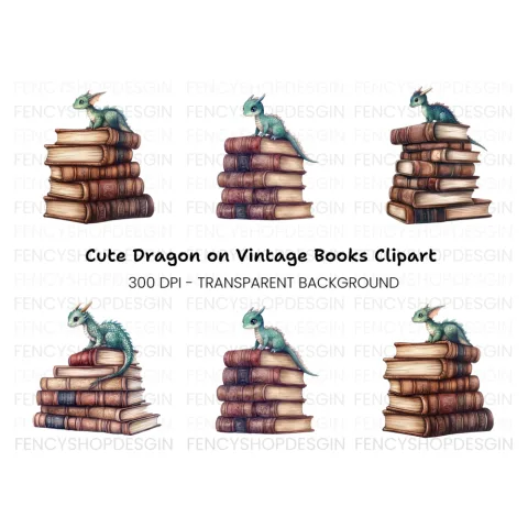 Cute Baby Dragon on Books Clipart Bundle