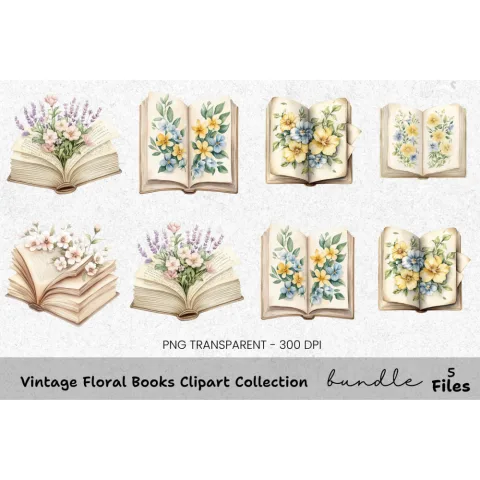 Vintage Floral Books Clipart Bundle