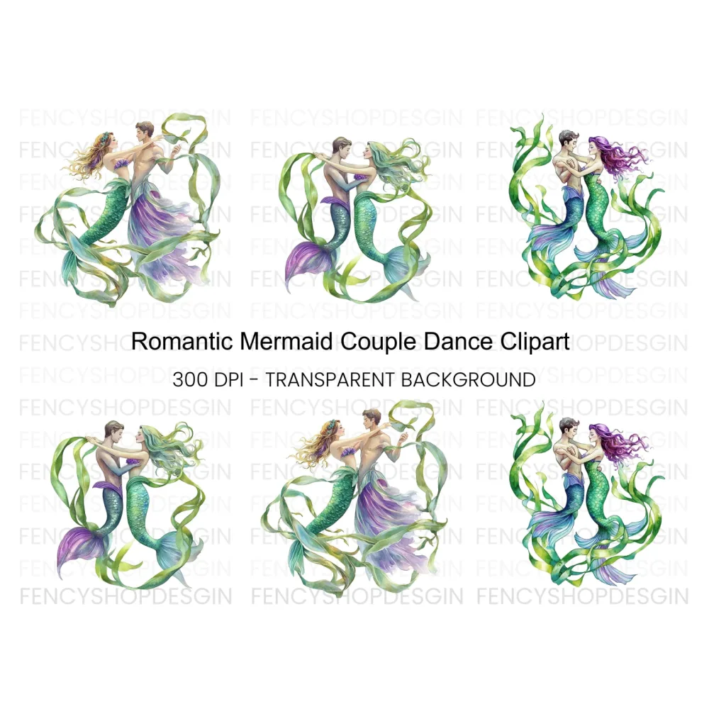 Romantic Mermaid and Merman Clipart Bundle