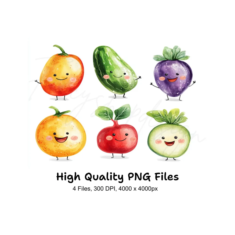 Cute Happy Fruits & Veggies Clipart Bundle