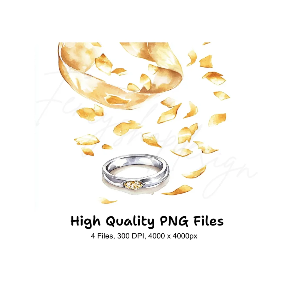 Elegant Gold Petal Wedding Rings Clipart Bundle
