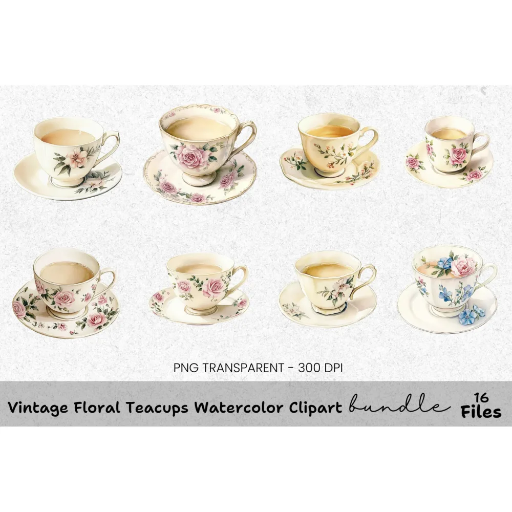 Vintage Floral Teacups Clipart Bundle