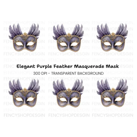 Elegant Purple Feathered Masquerade Mask Clipart Bundle